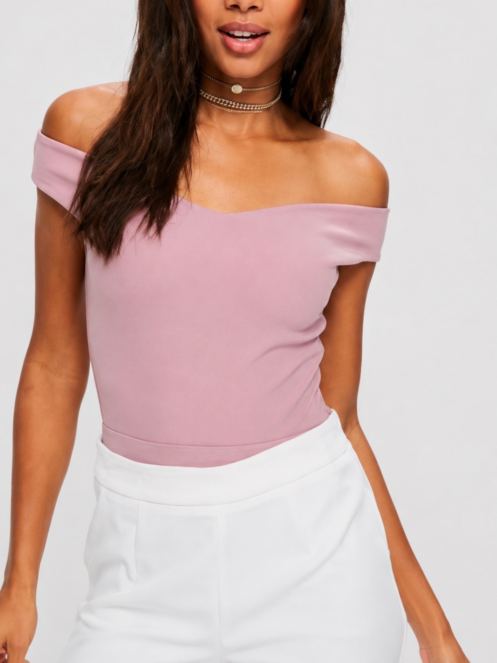 Missguided Bardot Crepe Bodysuit in Mauve